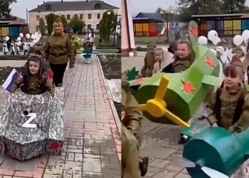 Beklenen gün geldi, Rusya’dan değişik manzaralar…Rus çocuklar askeri üniformalarla karton tanklara bindi!