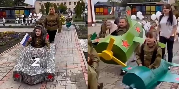 Beklenen gün geldi, Rusya’dan değişik manzaralar…Rus çocuklar askeri üniformalarla karton tanklara bindi!